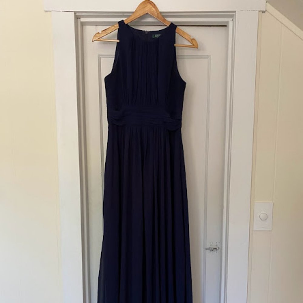 Lauren Ralph Lauren Navy Blue Chiffon Evening Gown - Size 4